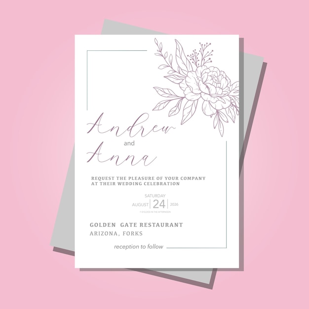 Plantilla de invitación de boda de peonía Arte de líneas dibujadas a mano Flores de peonías Contorno de peoníes Minimalista