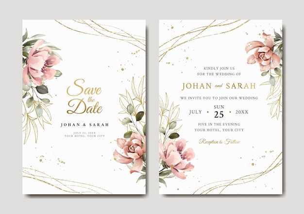 Plantilla de invitación de boda con peonía y hojas doradas