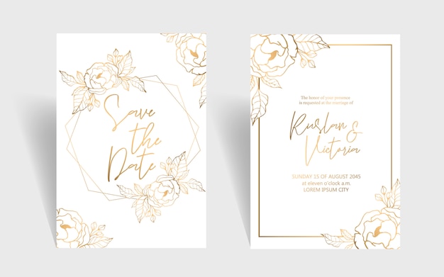 Plantilla de invitación de boda con peonías doradas y hojas