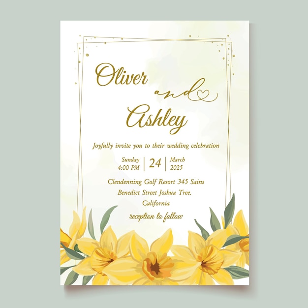 plantilla de invitación de boda de primavera con elegantes flores de narcisos amarillos