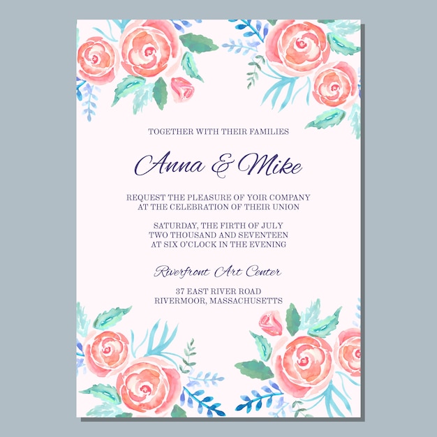 Plantilla de invitación de boda con rosas acuarelas