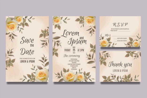 Plantilla de invitación de boda con rosas amarillas y hojas marrones