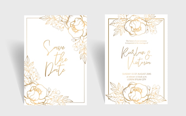 Plantilla de invitación de boda con rosas doradas y hojas