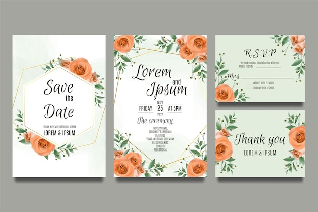 Plantilla de invitación de boda con rosas y hojas