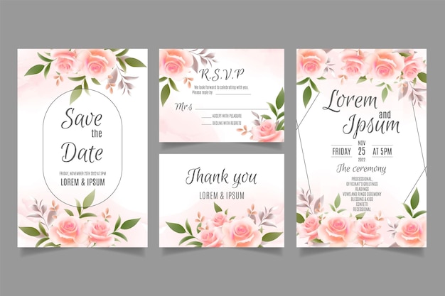 Plantilla de invitación de boda con rosas y hojas