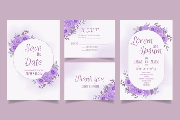 Vector plantilla de invitación de boda con rosas moradas y hojas