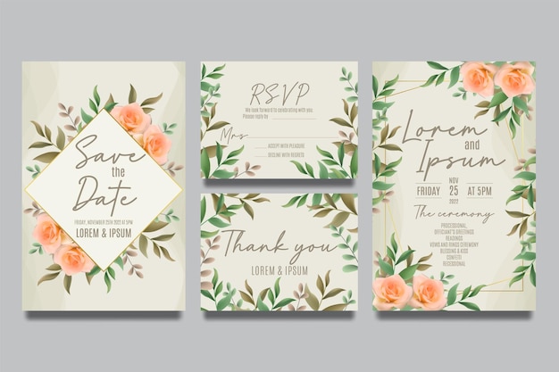 Plantilla de invitación de boda con rosas naranjas y hojas verdes