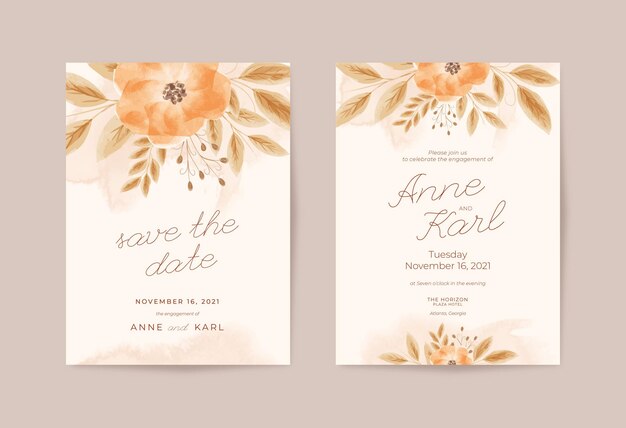 Plantilla de invitación de boda rústica romántica con hermosa acuarela floral
