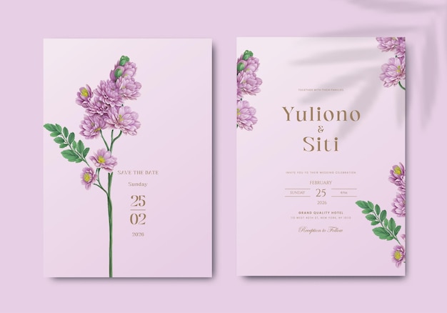 Plantilla de invitación de boda simple con flor púrpura y fondo púrpura suave