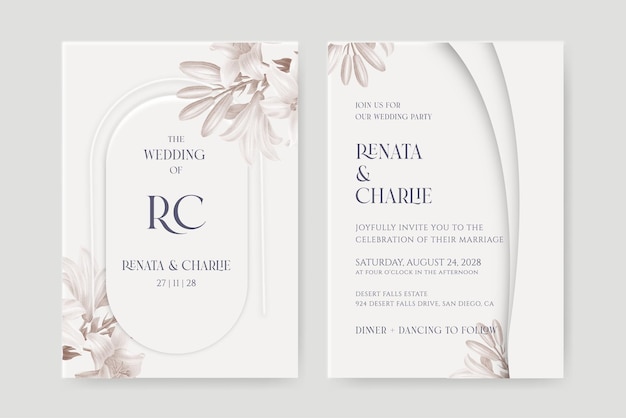 Plantilla de invitación de boda con sombra moderna y acuarela de flores