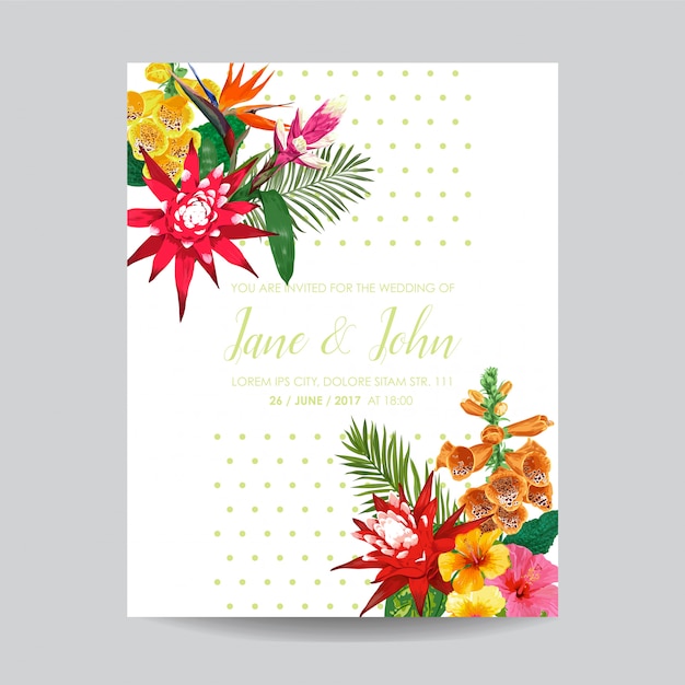 Plantilla de invitación de boda con tiger lily flores y hojas de palma. reserva floral tropical la tarjeta de fecha