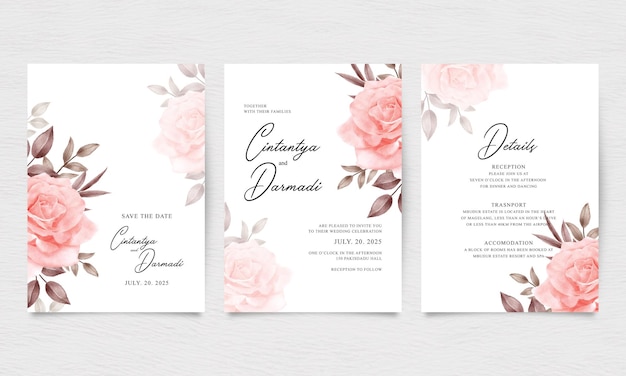 Plantilla de invitación de boda de tres lados con elegante acuarela rosa