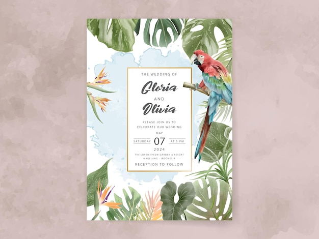 Vector plantilla de invitación de boda tropical de acuarela floral