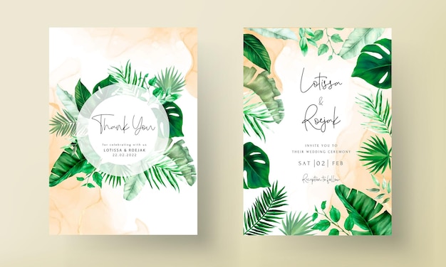 Plantilla de invitación de boda tropical con hojas de árboles elegantes