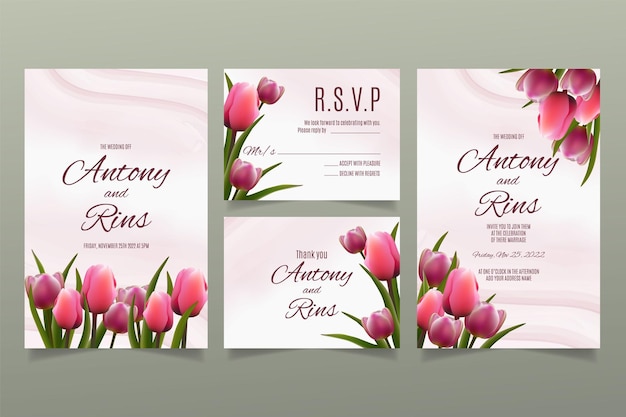 Plantilla de invitación de boda con tulipanes y hojas