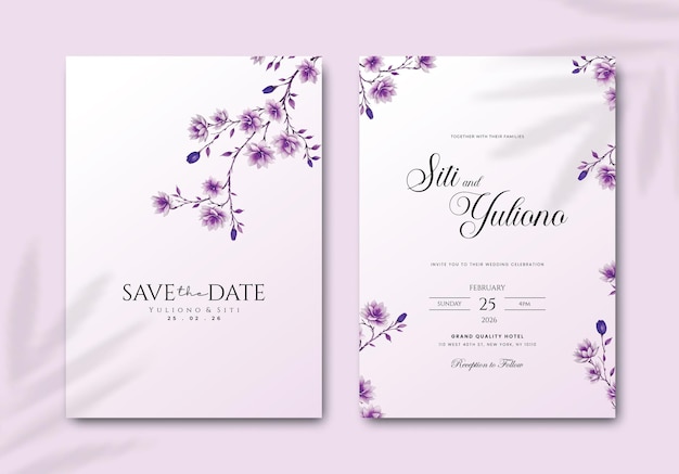 plantilla de invitación de boda con vector premium de acuarela de flores