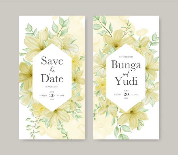 Plantilla de invitación de boda vintage con hermoso marco de flores de acuarela