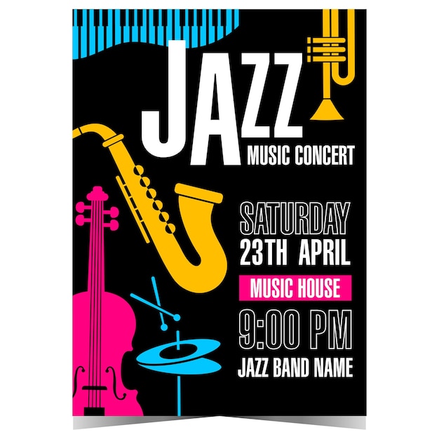 Vector plantilla de invitación a conciertos de música de jazz con saxofón y otros instrumentos musicales