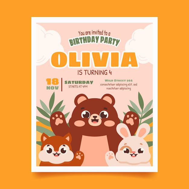 Plantilla de invitación de cumpleaños de animales