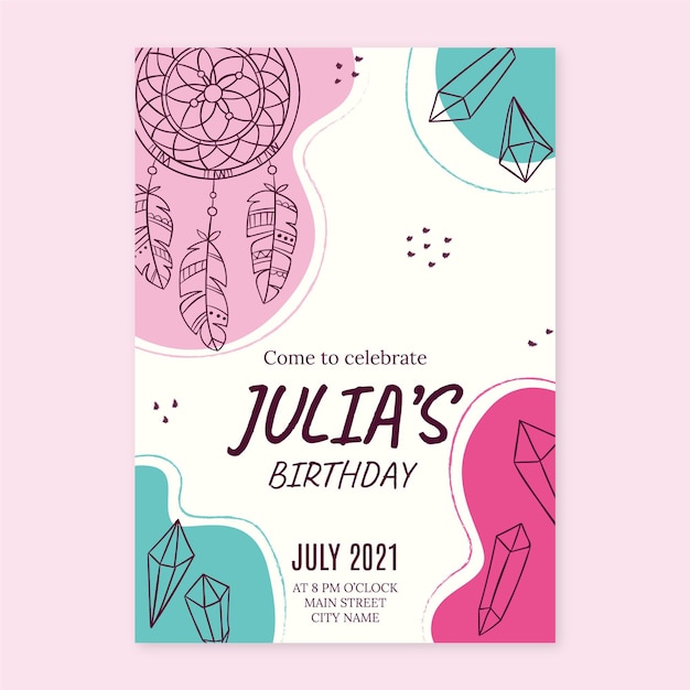 Plantilla de invitación de cumpleaños boho dibujada a mano