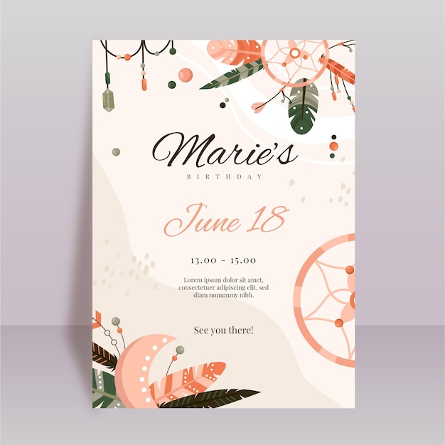 Vector plantilla de invitación de cumpleaños boho