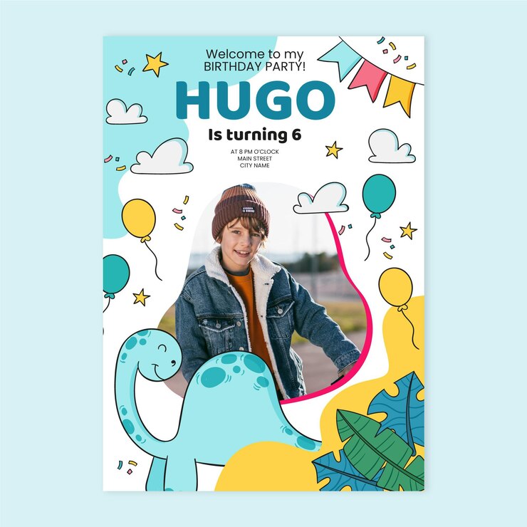 Vector plantilla de invitación de cumpleaños de dinosaurio dibujado a mano con foto