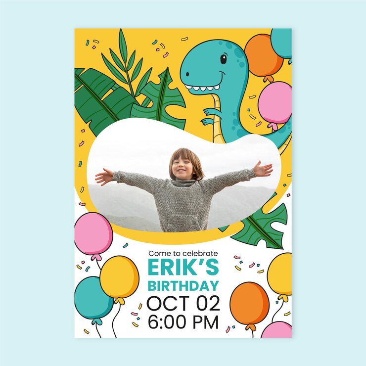 Vector plantilla de invitación de cumpleaños de dinosaurio dibujado a mano con foto