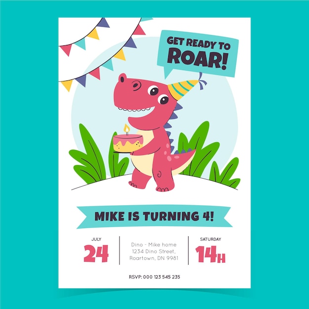 Plantilla de invitación de cumpleaños de dinosaurio dibujado a mano
