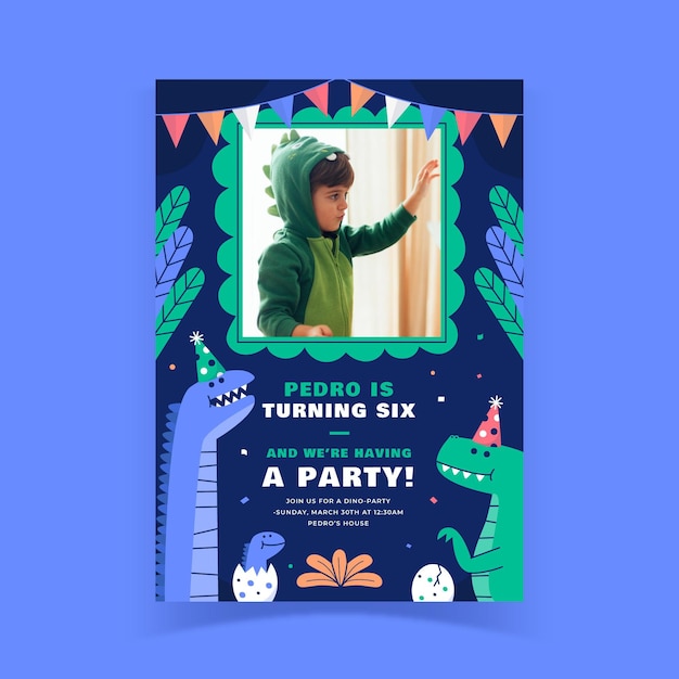 Vector plantilla de invitación de cumpleaños de dinosaurio plano con foto