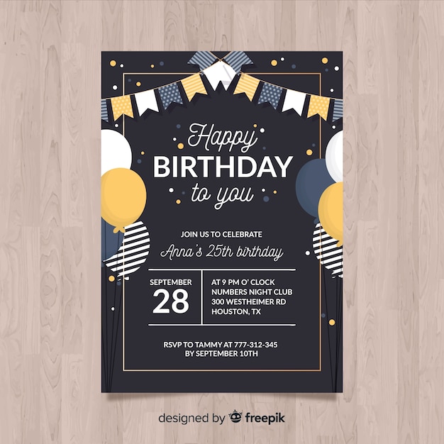 Vector plantilla de invitación de cumpleaños en estilo plano