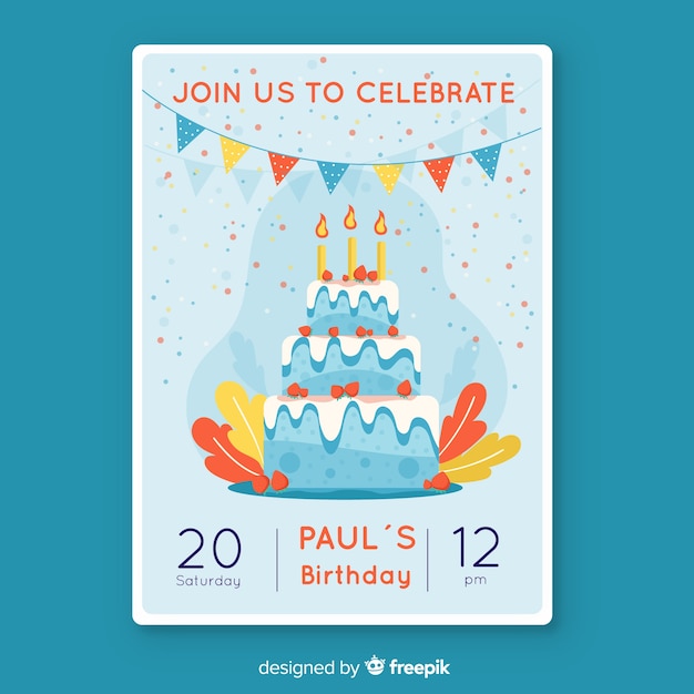 Plantilla de invitación de cumpleaños en estilo plano