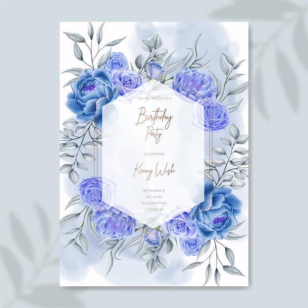 Plantilla de invitación de cumpleaños floral acuarela azul dibujado a mano