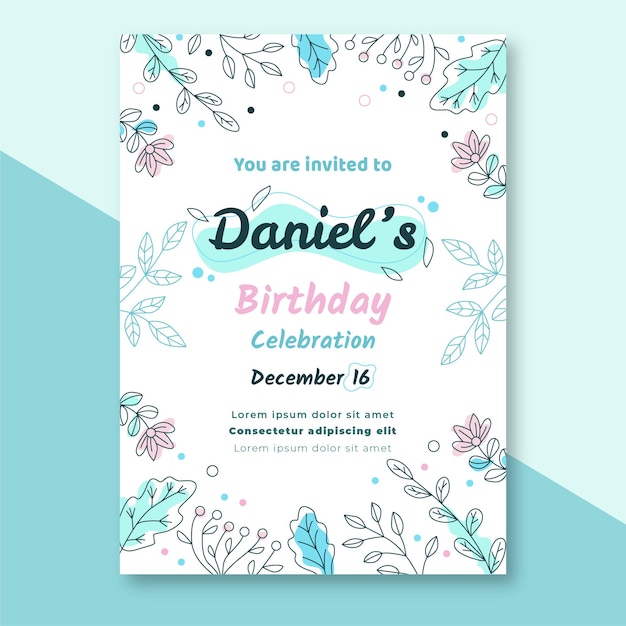 Plantilla de invitación de cumpleaños floral dibujada a mano