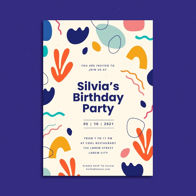 Vector plantilla de invitación de cumpleaños de formas abstractas planas dibujadas a mano