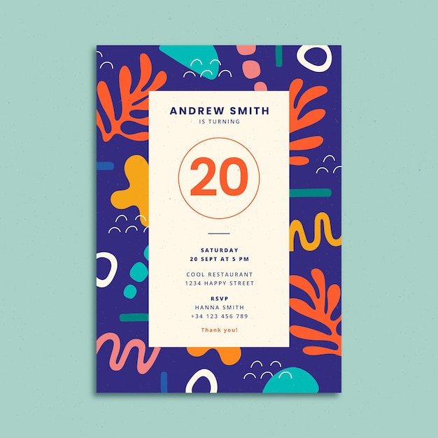 Plantilla de invitación de cumpleaños de formas abstractas planas dibujadas a mano