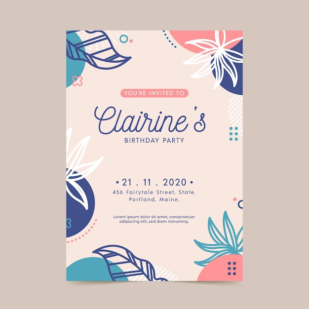 Vector plantilla de invitación de cumpleaños con hojas