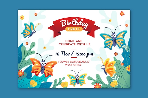 Plantilla de invitación de cumpleaños de mariposa de dibujos animados