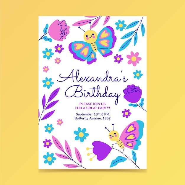 Vector plantilla de invitación de cumpleaños de mariposa