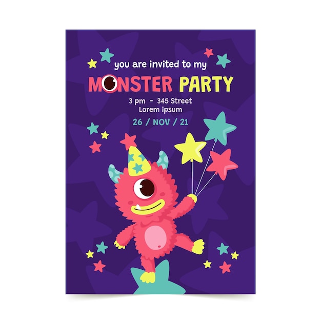 Vector plantilla de invitación de cumpleaños de monstruos planos