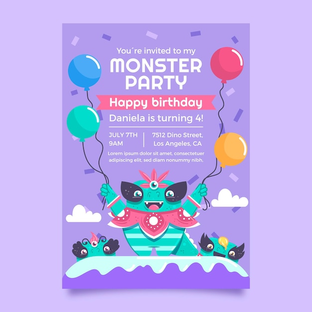 Vector plantilla de invitación de cumpleaños de monstruos