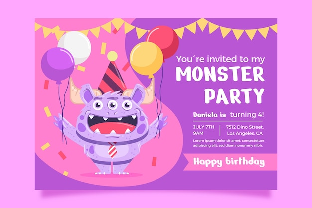 Vector plantilla de invitación de cumpleaños de monstruos