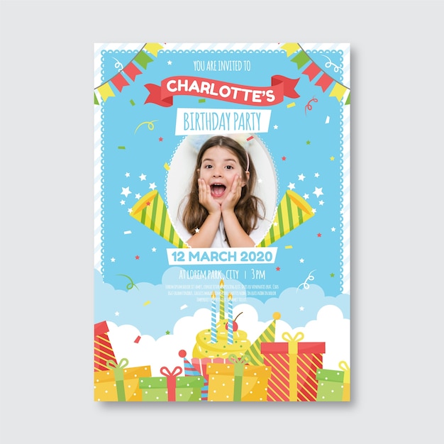 Vector plantilla de invitación de cumpleaños para niños con foto