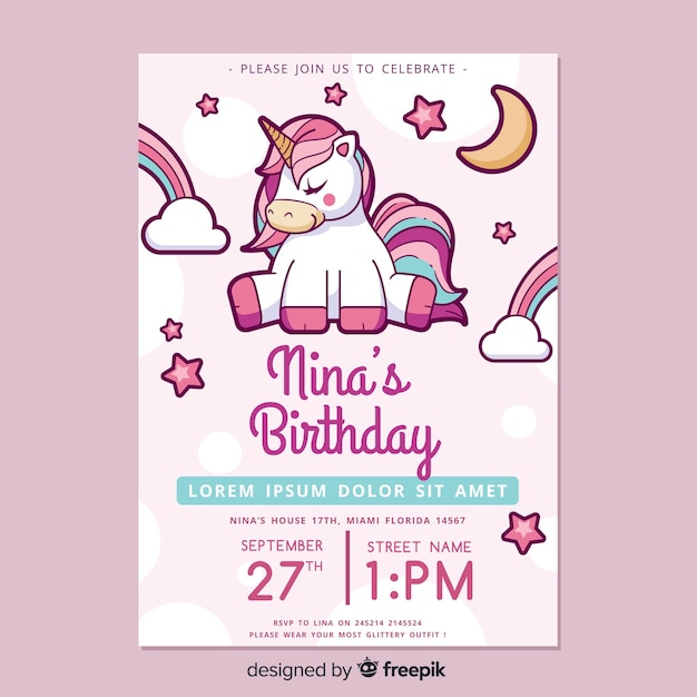 Plantilla de invitación de cumpleaños para niños con unicornio