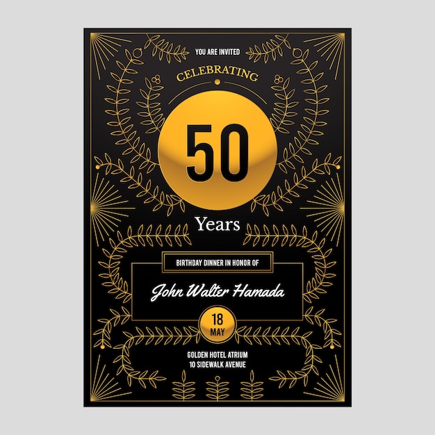 Vector plantilla de invitación de cumpleaños número 50 degradado