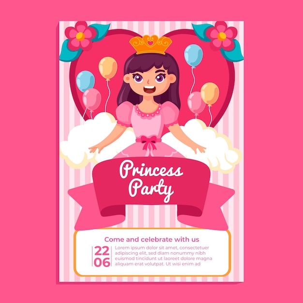 Vector plantilla de invitación de cumpleaños de princesa de dibujos animados