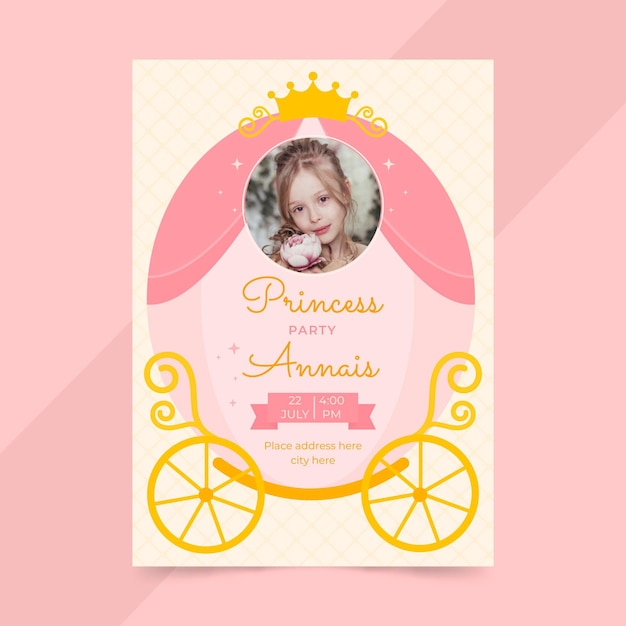 Vector plantilla de invitación de cumpleaños de princesa plana con foto