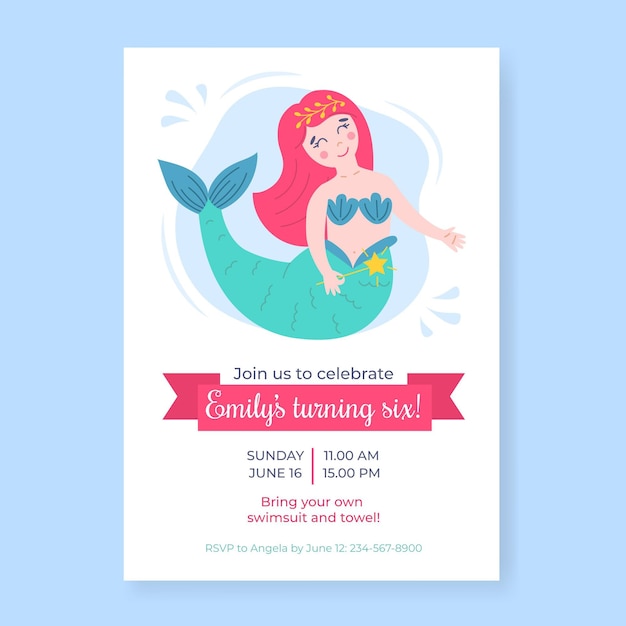 Vector plantilla de invitación de cumpleaños de sirena plana orgánica