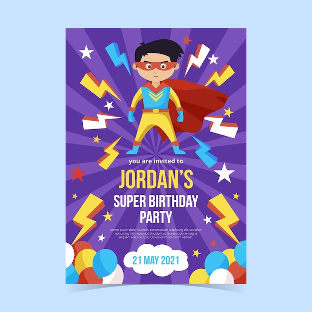 Vector plantilla de invitación de cumpleaños de superhéroe plana