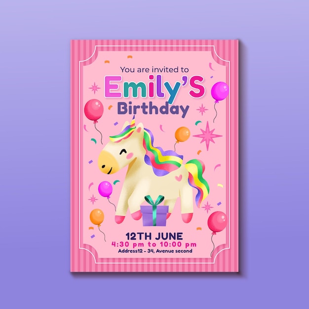 Vector plantilla de invitación de cumpleaños de unicornio acuarela pintada a mano