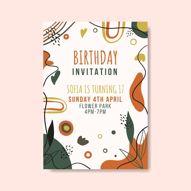 Plantilla de invitación de cumpleaños con vector premium de formas abstractas planas dibujadas a mano